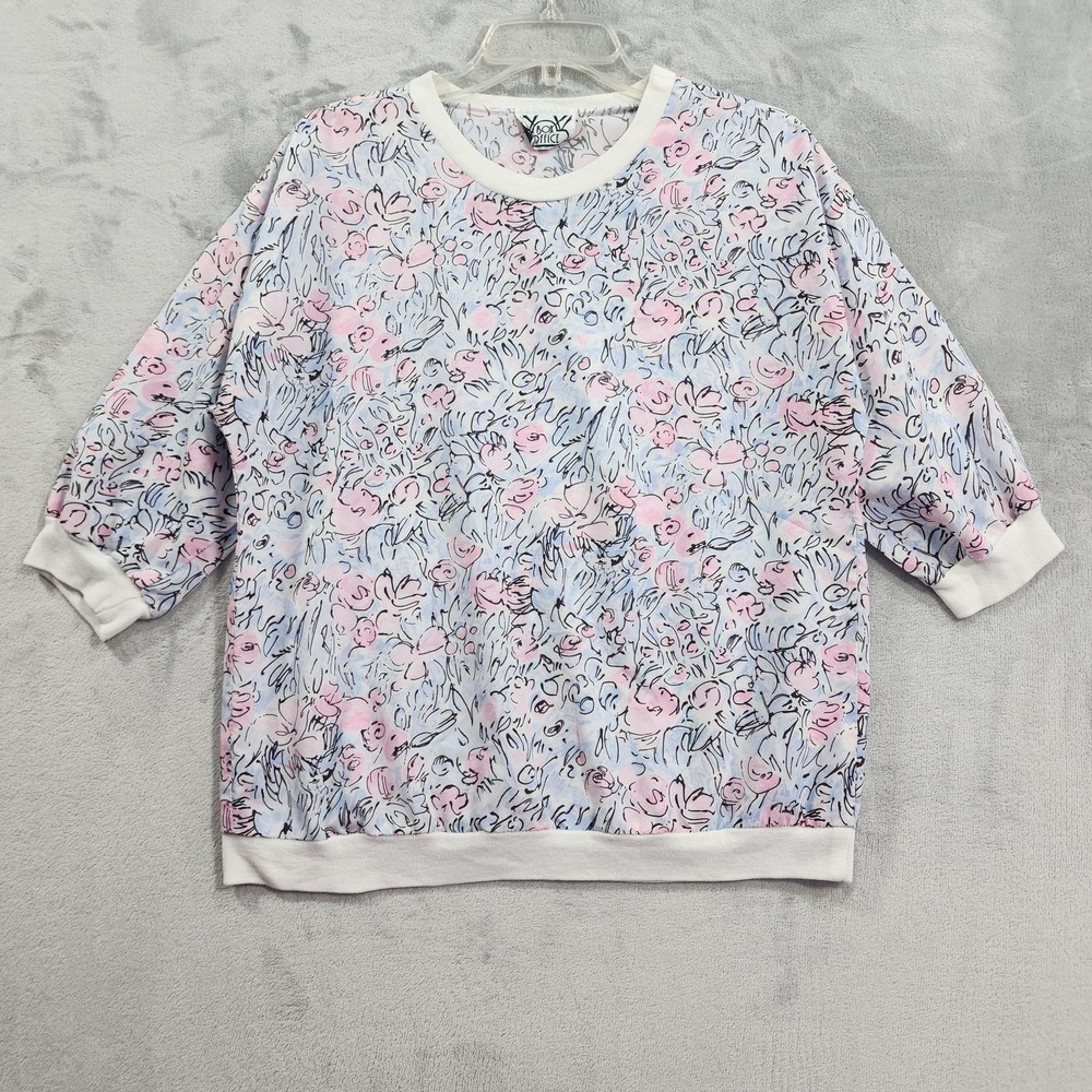 Vintage Box Office Top Womens L Pink Blue Floral Short Sleeve Crew Neck Pullover
